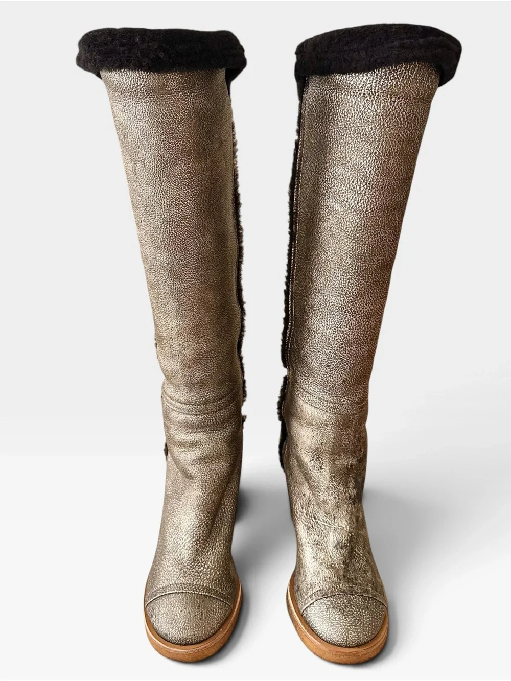 Chanel Karl Lagerfeld Rare Distressed Metallic Sheepskin Shearling Wedge Boot 40